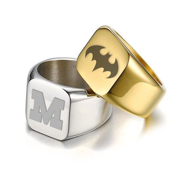 Retro initials SIGNET Ring for men bulky heavy stamp Black Stainless Steel. - Picture 2 of 7